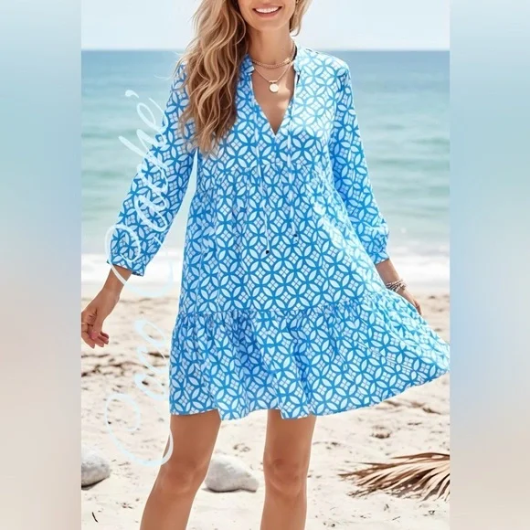 Royal Blue Bohemian Casual Smock Summer Dress - Picture 3 of 6